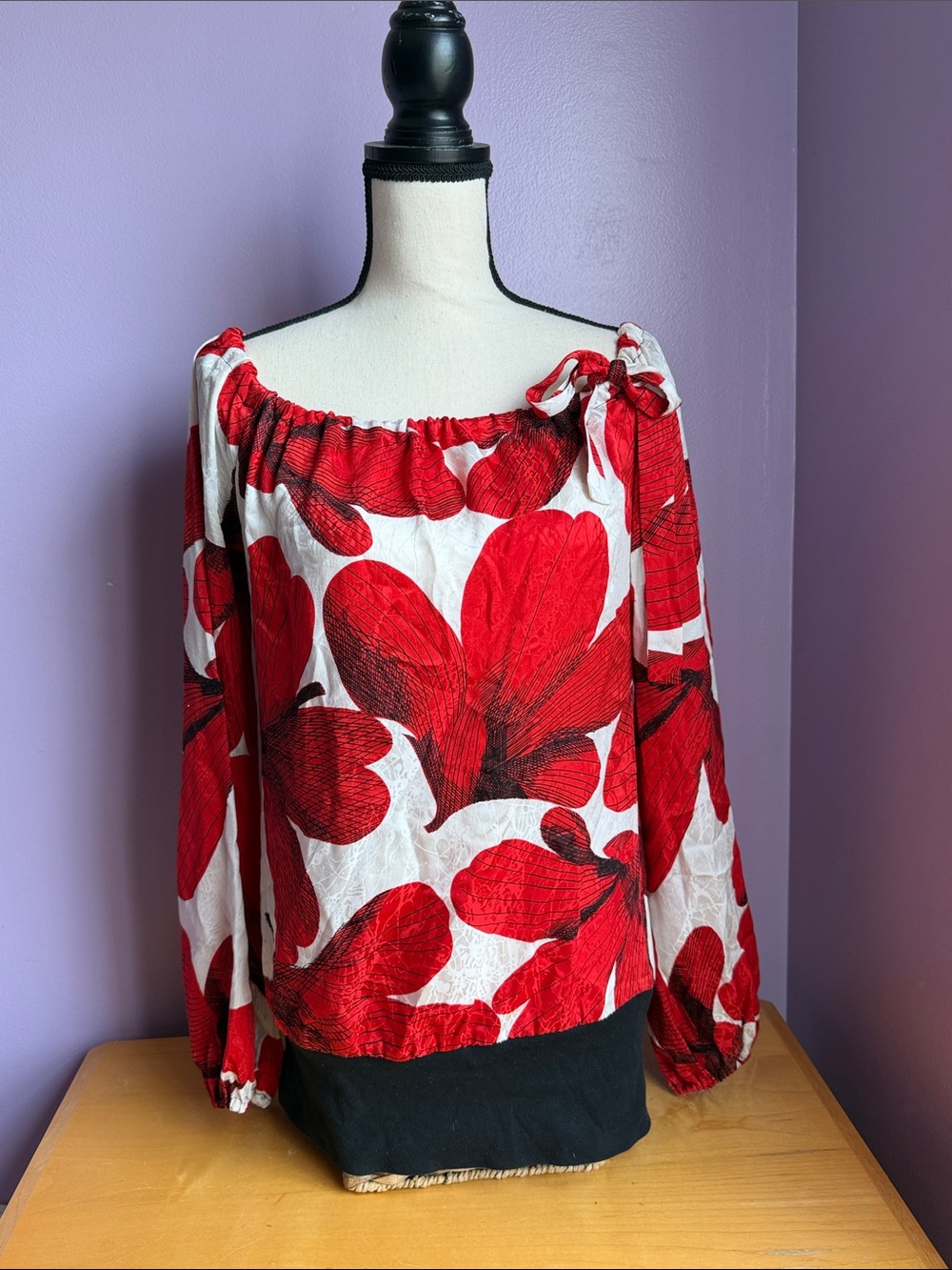 Red Floral Off-Shoulder Women's Blouse with Tie Detail
